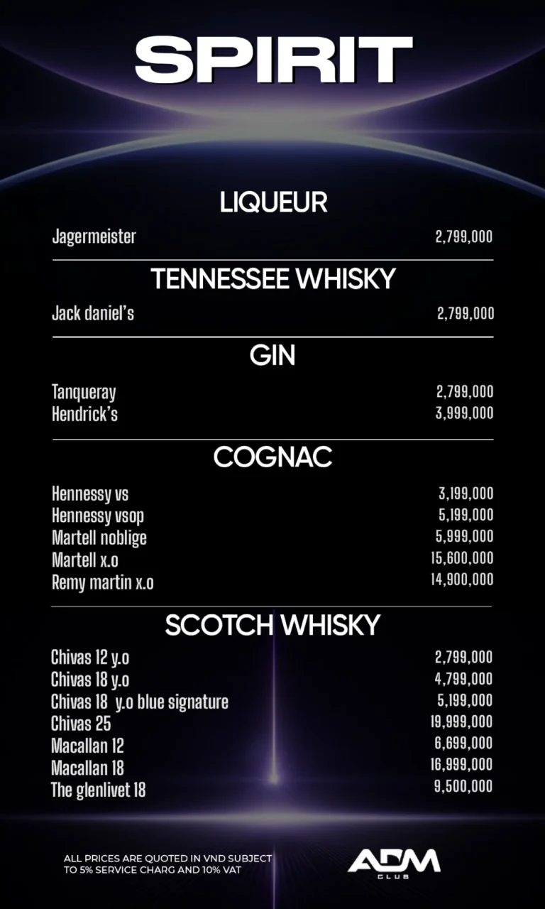 Menu ADM Club – Rượu mạnh: liqueur, gin, cognac, scotch whisky