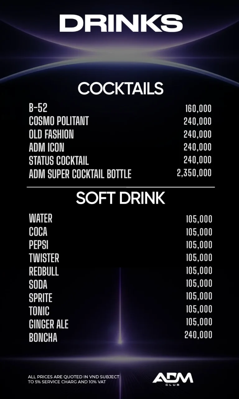 Menu ADM Club – Cocktail và nước ngọt